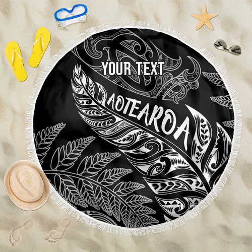 Aotearoa Personalized Lawn Bowls Maori Beach Blanket New Zealand Black Tribal Silver Fern - Aussie Hoodie