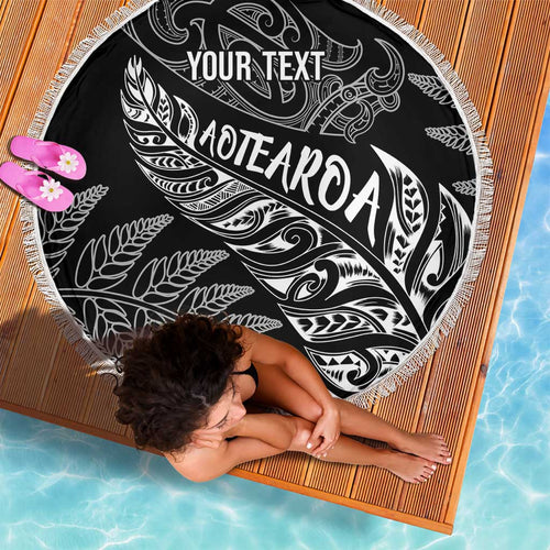 Aotearoa Personalized Lawn Bowls Maori Beach Blanket New Zealand Black Tribal Silver Fern - Aussie Hoodie
