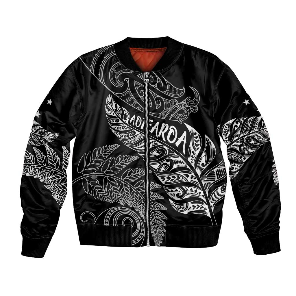 Aotearoa Personalized Lawn Bowls Maori Bomber Jacket New Zealand Black Tribal Silver Fern - Aussie Hoodie