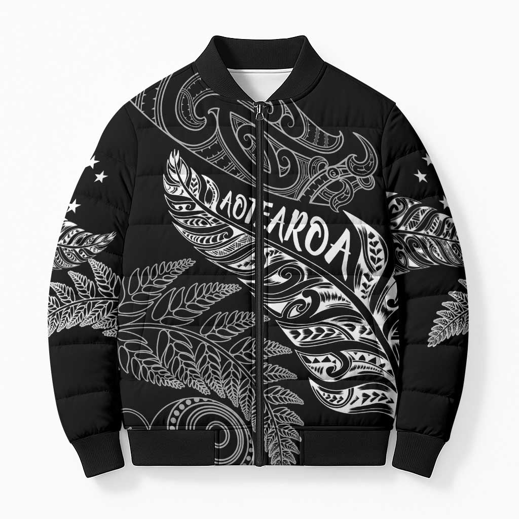 Aotearoa Personalized Lawn Bowls Maori Bomber Puffer Jacket New Zealand Black Tribal Silver Fern - Aussie Hoodie