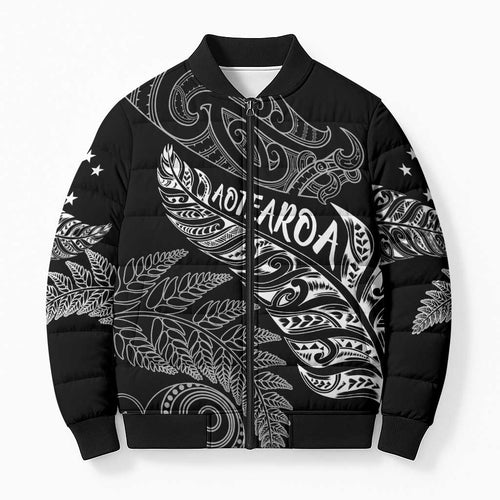 Aotearoa Personalized Lawn Bowls Maori Bomber Puffer Jacket New Zealand Black Tribal Silver Fern - Aussie Hoodie