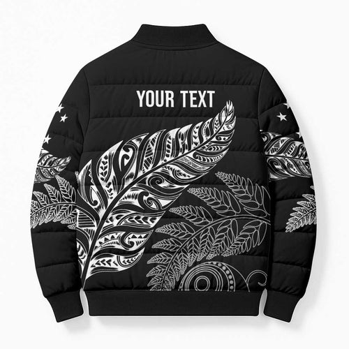 Aotearoa Personalized Lawn Bowls Maori Bomber Puffer Jacket New Zealand Black Tribal Silver Fern - Aussie Hoodie