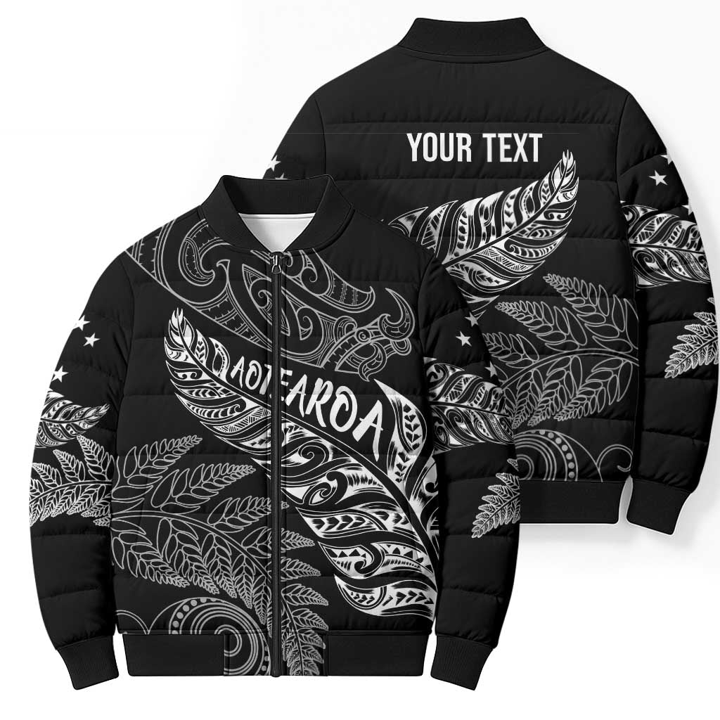 Aotearoa Personalized Lawn Bowls Maori Bomber Puffer Jacket New Zealand Black Tribal Silver Fern - Aussie Hoodie