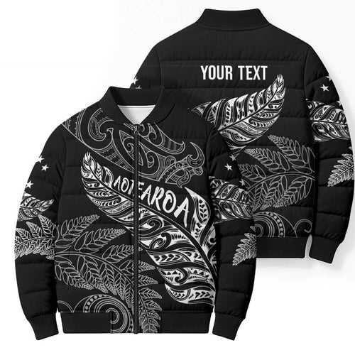 Aotearoa Personalized Lawn Bowls Maori Bomber Puffer Jacket New Zealand Black Tribal Silver Fern - Aussie Hoodie