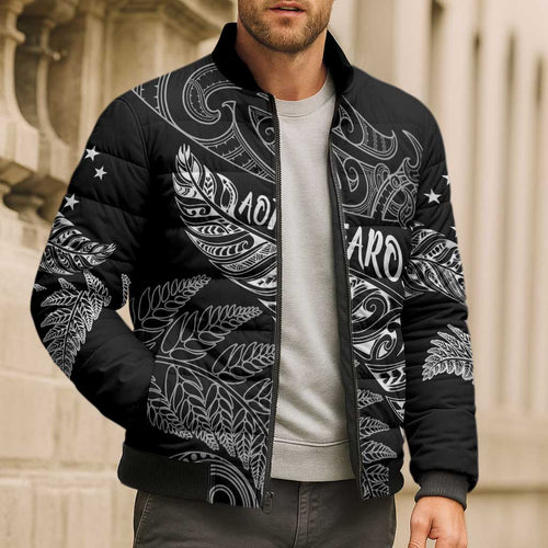 Aotearoa Personalized Lawn Bowls Maori Bomber Puffer Jacket New Zealand Black Tribal Silver Fern - Aussie Hoodie