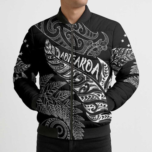 Aotearoa Personalized Lawn Bowls Maori Bomber Puffer Jacket New Zealand Black Tribal Silver Fern - Aussie Hoodie