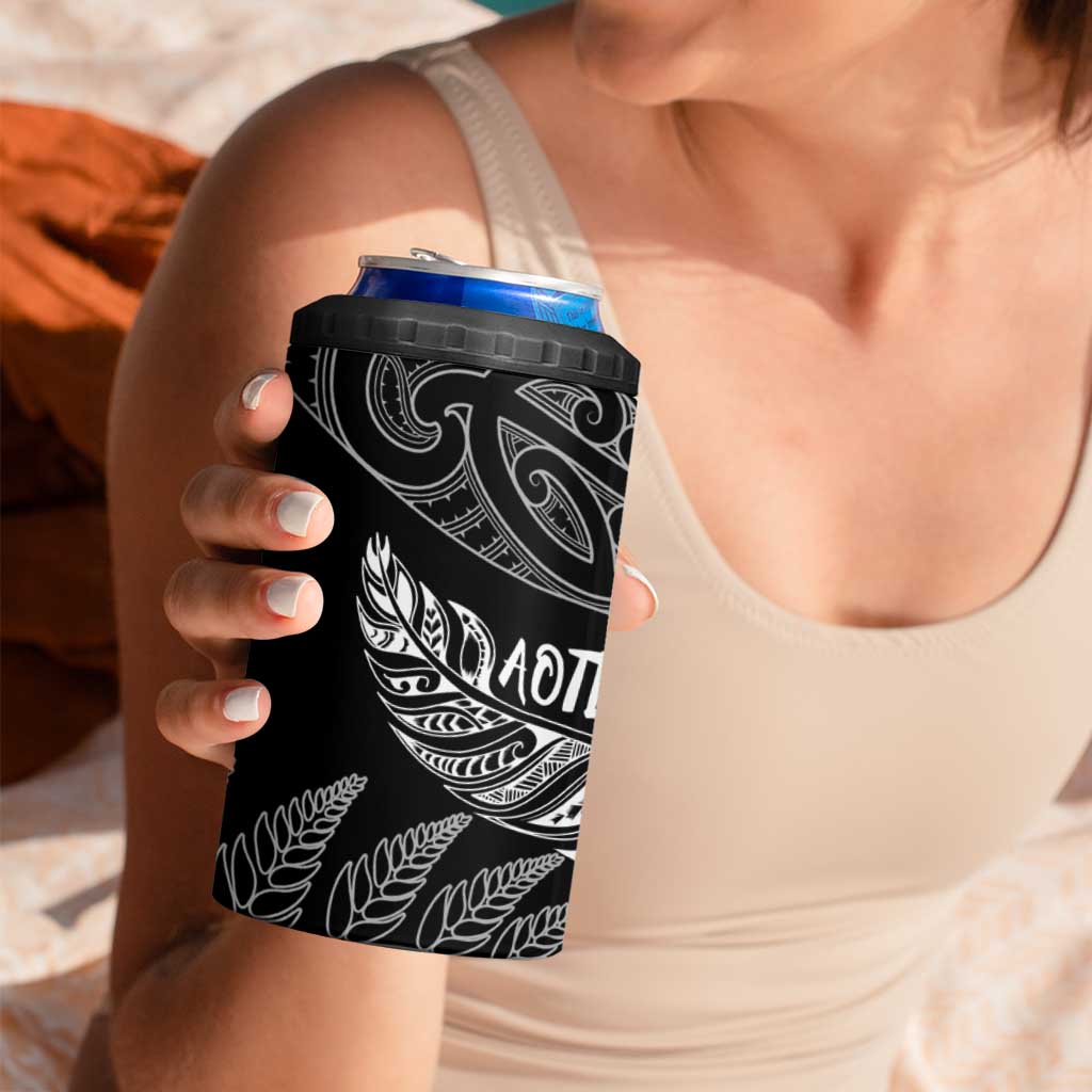 Aotearoa Personalized Lawn Bowls Maori 4 in 1 Can Cooler Tumbler New Zealand Black Tribal Silver Fern - Aussie Hoodie