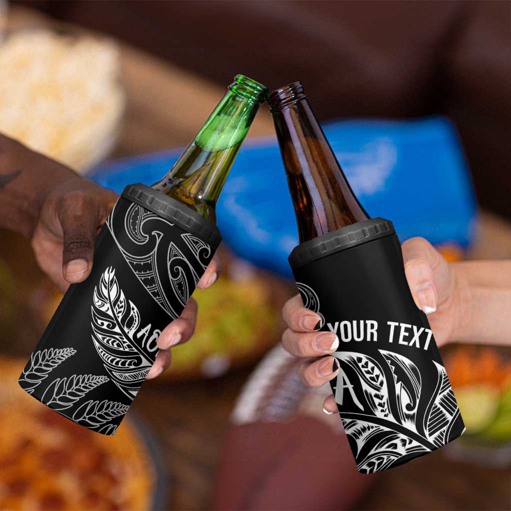 Aotearoa Personalized Lawn Bowls Maori 4 in 1 Can Cooler Tumbler New Zealand Black Tribal Silver Fern - Aussie Hoodie