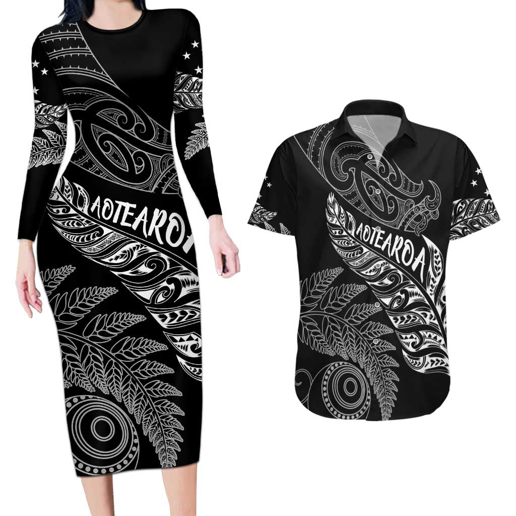 Aotearoa Personalized Lawn Bowls Maori Couples Matching Long Sleeve Bodycon Dress and Hawaiian Shirt New Zealand Black Tribal Silver Fern - Aussie Hoodie
