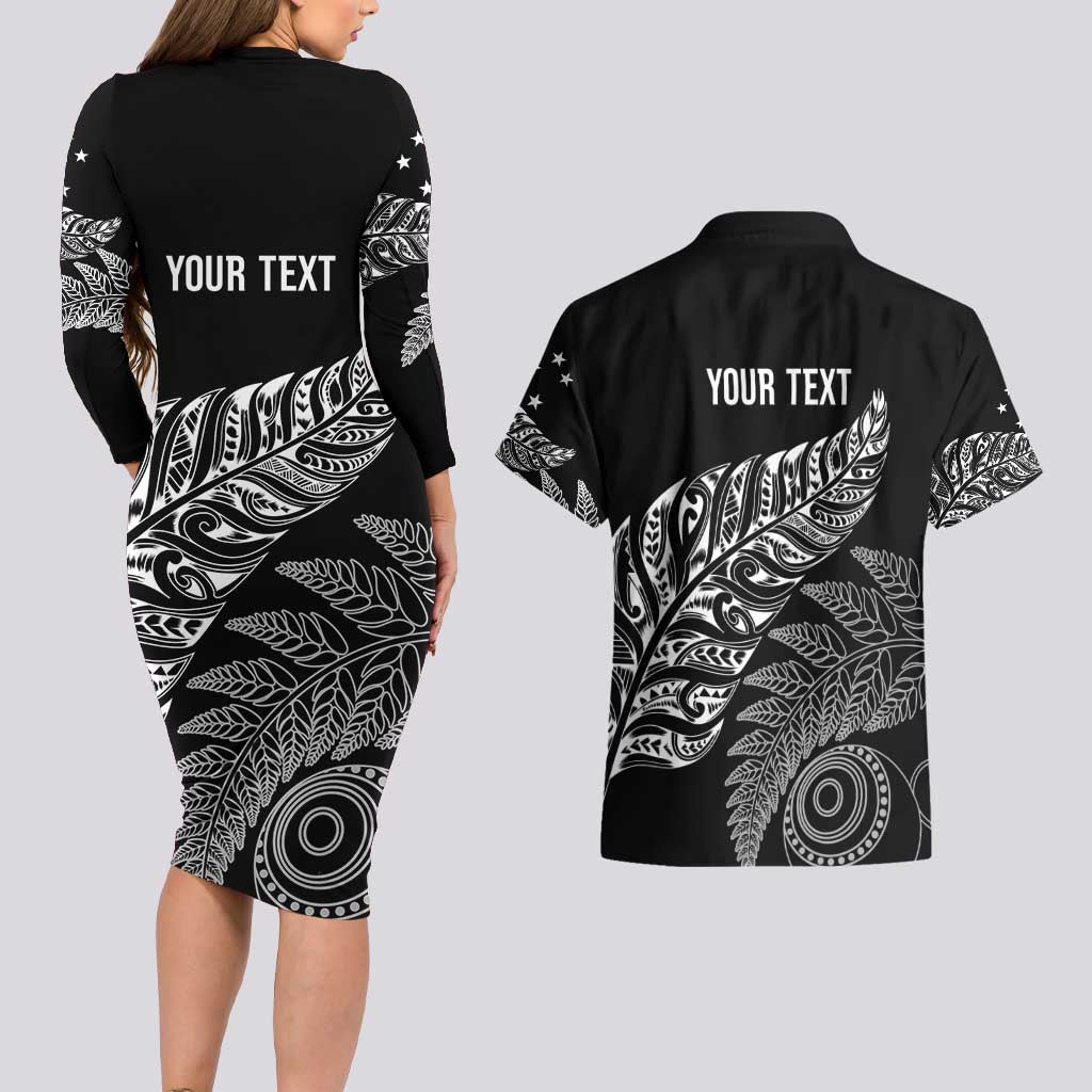 Aotearoa Personalized Lawn Bowls Maori Couples Matching Long Sleeve Bodycon Dress and Hawaiian Shirt New Zealand Black Tribal Silver Fern - Aussie Hoodie