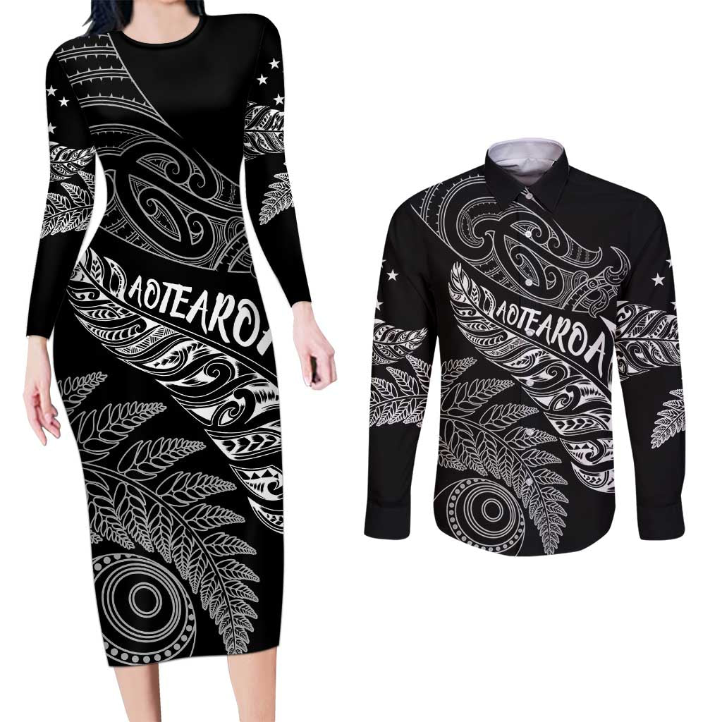 Aotearoa Personalized Lawn Bowls Maori Couples Matching Long Sleeve Bodycon Dress and Long Sleeve Button Shirt New Zealand Black Tribal Silver Fern - Aussie Hoodie