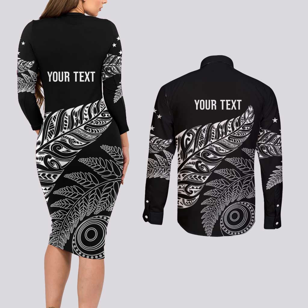 Aotearoa Personalized Lawn Bowls Maori Couples Matching Long Sleeve Bodycon Dress and Long Sleeve Button Shirt New Zealand Black Tribal Silver Fern - Aussie Hoodie