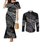 Aotearoa Personalized Lawn Bowls Maori Couples Matching Mermaid Dress and Long Sleeve Button Shirt New Zealand Black Tribal Silver Fern - Aussie Hoodie