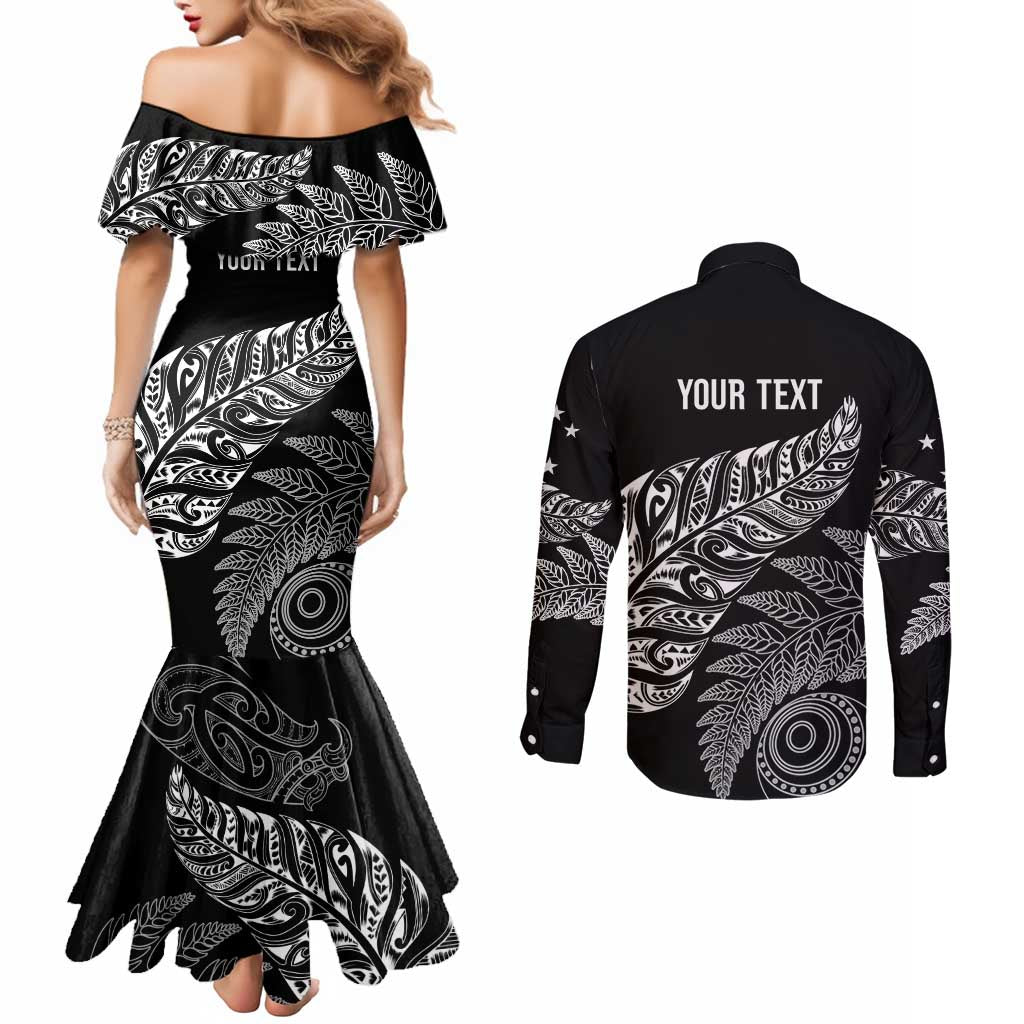 Aotearoa Personalized Lawn Bowls Maori Couples Matching Mermaid Dress and Long Sleeve Button Shirt New Zealand Black Tribal Silver Fern - Aussie Hoodie