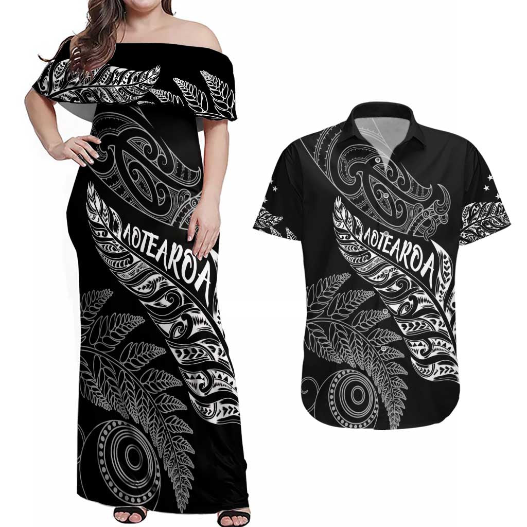 Aotearoa Personalized Lawn Bowls Maori Couples Matching Off Shoulder Maxi Dress and Hawaiian Shirt New Zealand Black Tribal Silver Fern - Aussie Hoodie