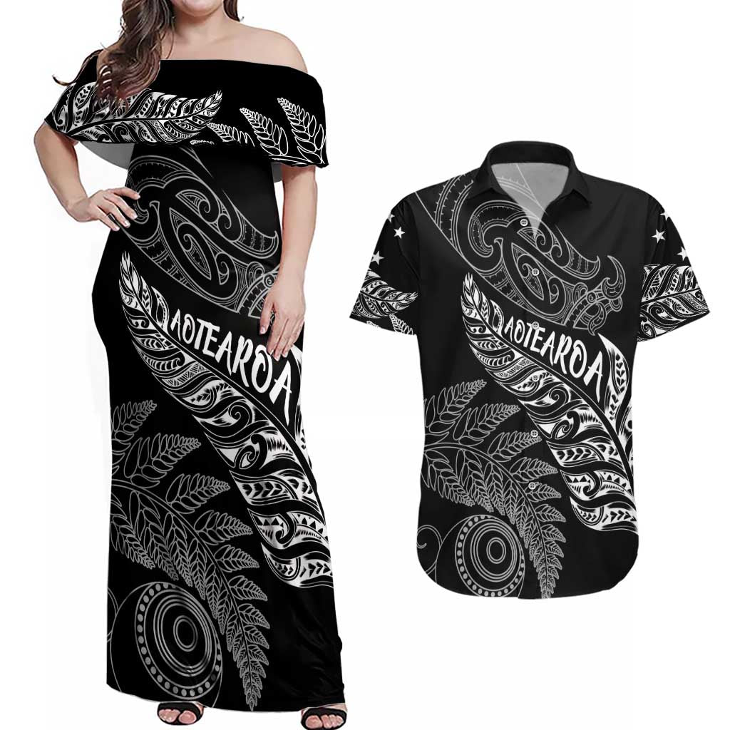 Aotearoa Personalized Lawn Bowls Maori Couples Matching Off Shoulder Maxi Dress and Hawaiian Shirt New Zealand Black Tribal Silver Fern - Aussie Hoodie