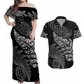 Aotearoa Personalized Lawn Bowls Maori Couples Matching Off Shoulder Maxi Dress and Hawaiian Shirt New Zealand Black Tribal Silver Fern - Aussie Hoodie