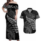 Aotearoa Personalized Lawn Bowls Maori Couples Matching Off Shoulder Maxi Dress and Hawaiian Shirt New Zealand Black Tribal Silver Fern - Aussie Hoodie