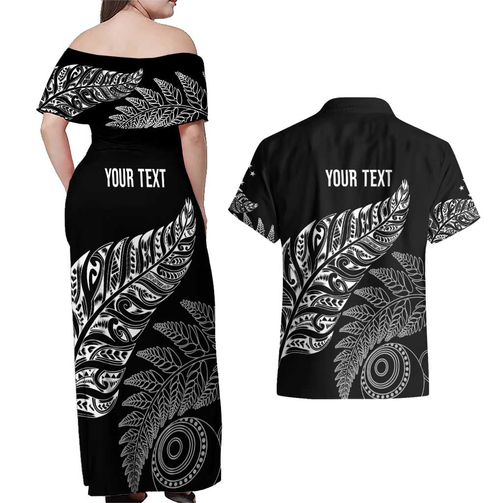 Aotearoa Personalized Lawn Bowls Maori Couples Matching Off Shoulder Maxi Dress and Hawaiian Shirt New Zealand Black Tribal Silver Fern - Aussie Hoodie