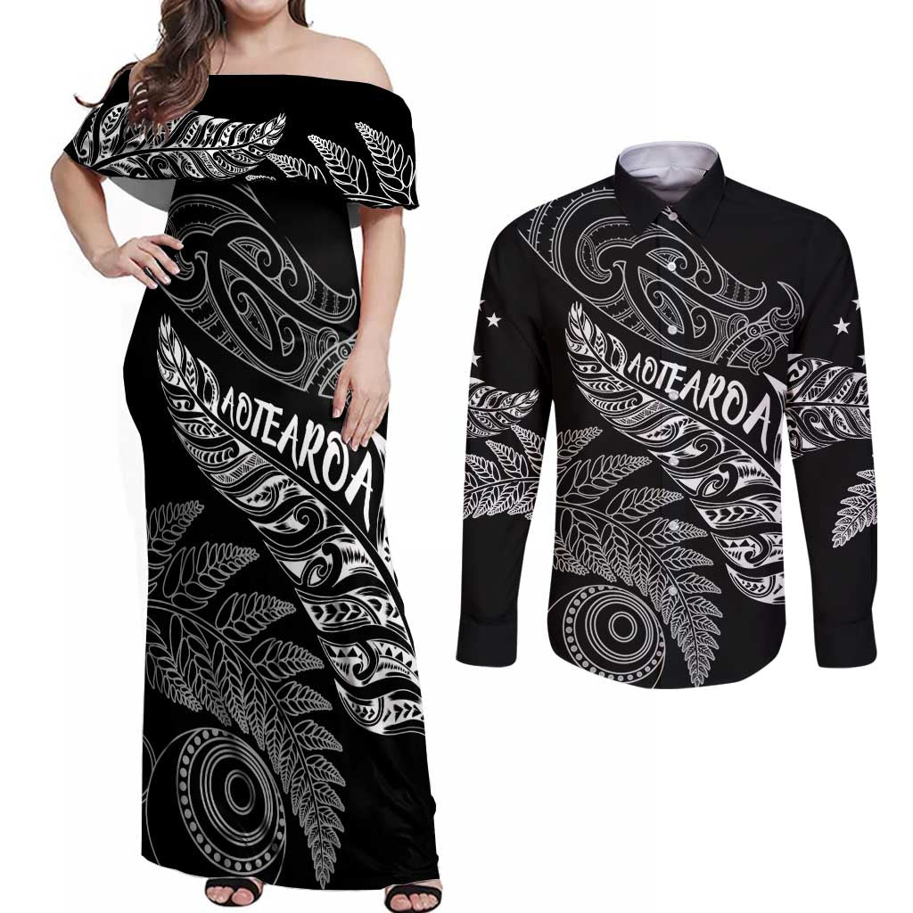 Aotearoa Personalized Lawn Bowls Maori Couples Matching Off Shoulder Maxi Dress and Long Sleeve Button Shirt New Zealand Black Tribal Silver Fern - Aussie Hoodie