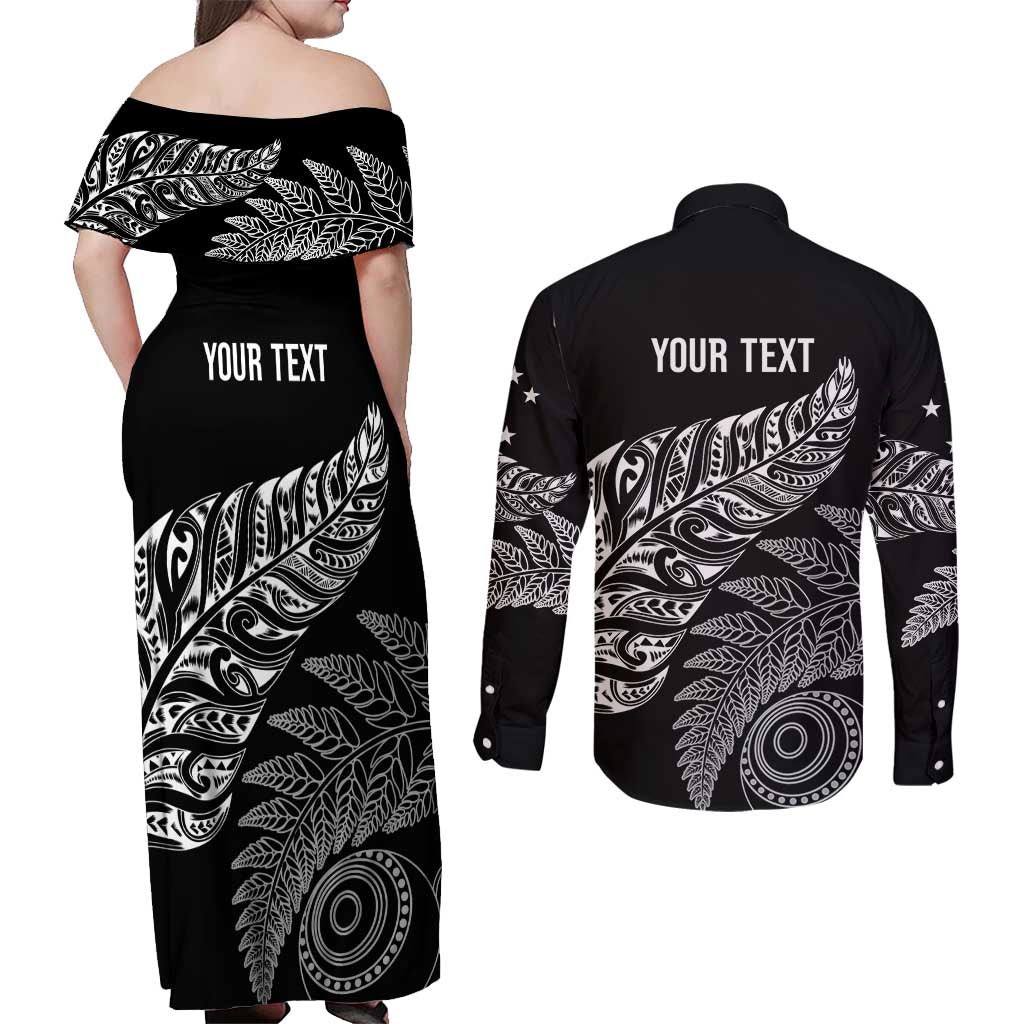 Aotearoa Personalized Lawn Bowls Maori Couples Matching Off Shoulder Maxi Dress and Long Sleeve Button Shirt New Zealand Black Tribal Silver Fern - Aussie Hoodie