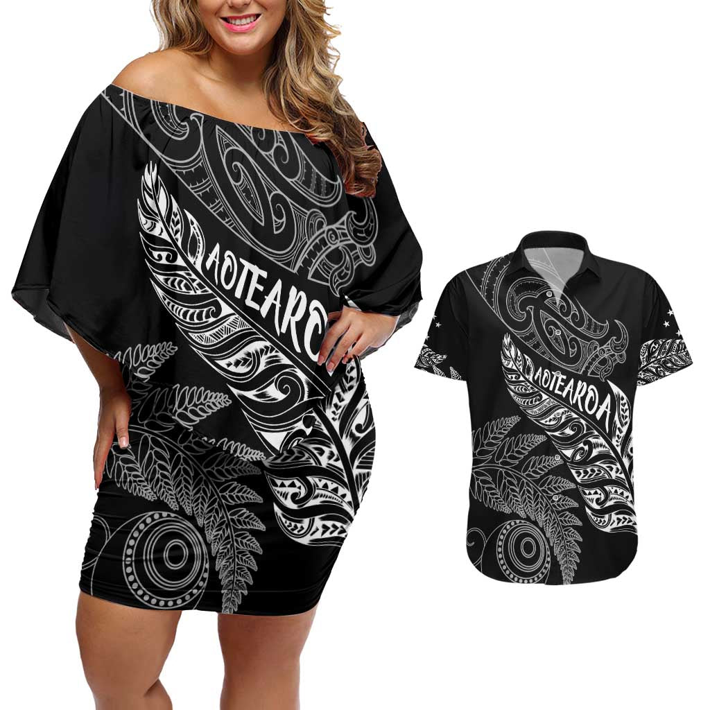 Aotearoa Personalized Lawn Bowls Maori Couples Matching Off Shoulder Short Dress and Hawaiian Shirt New Zealand Black Tribal Silver Fern - Aussie Hoodie