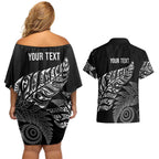 Aotearoa Personalized Lawn Bowls Maori Couples Matching Off Shoulder Short Dress and Hawaiian Shirt New Zealand Black Tribal Silver Fern - Aussie Hoodie