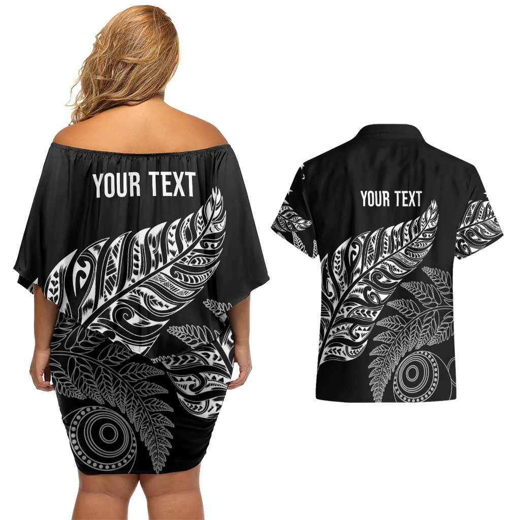 Aotearoa Personalized Lawn Bowls Maori Couples Matching Off Shoulder Short Dress and Hawaiian Shirt New Zealand Black Tribal Silver Fern - Aussie Hoodie