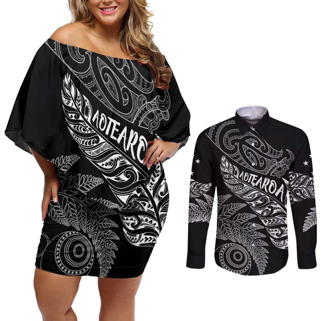Aotearoa Personalized Lawn Bowls Maori Couples Matching Off Shoulder Short Dress and Long Sleeve Button Shirt New Zealand Black Tribal Silver Fern - Aussie Hoodie