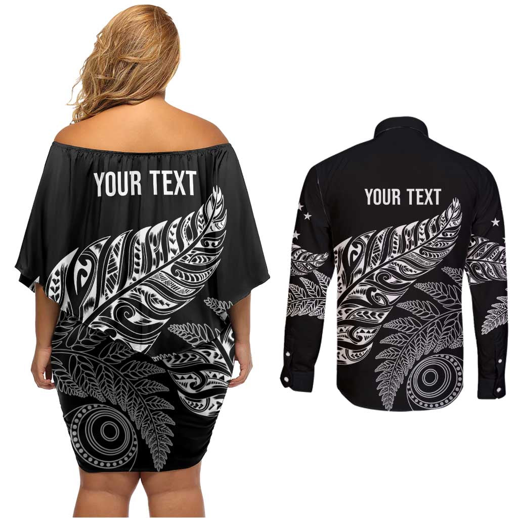 Aotearoa Personalized Lawn Bowls Maori Couples Matching Off Shoulder Short Dress and Long Sleeve Button Shirt New Zealand Black Tribal Silver Fern - Aussie Hoodie