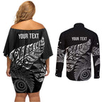 Aotearoa Personalized Lawn Bowls Maori Couples Matching Off Shoulder Short Dress and Long Sleeve Button Shirt New Zealand Black Tribal Silver Fern - Aussie Hoodie