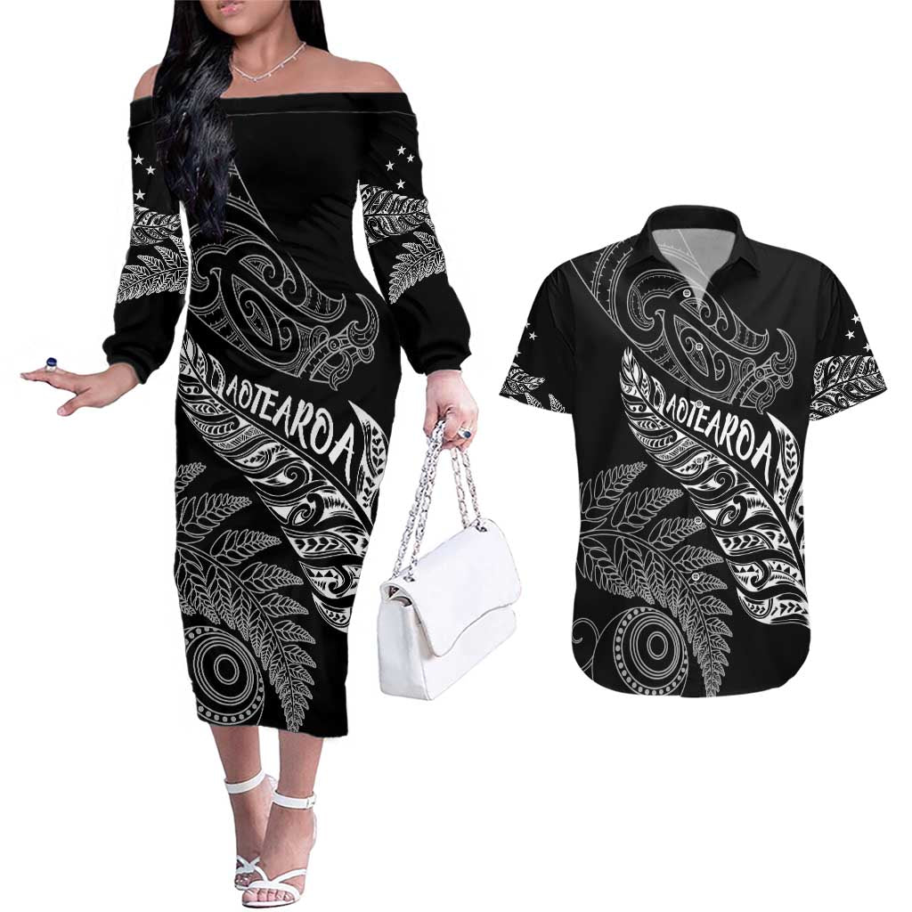 Aotearoa Personalized Lawn Bowls Maori Couples Matching Off The Shoulder Long Sleeve Dress and Hawaiian Shirt New Zealand Black Tribal Silver Fern - Aussie Hoodie