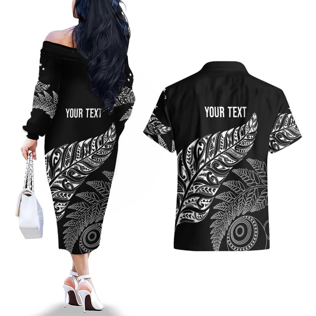 Aotearoa Personalized Lawn Bowls Maori Couples Matching Off The Shoulder Long Sleeve Dress and Hawaiian Shirt New Zealand Black Tribal Silver Fern - Aussie Hoodie