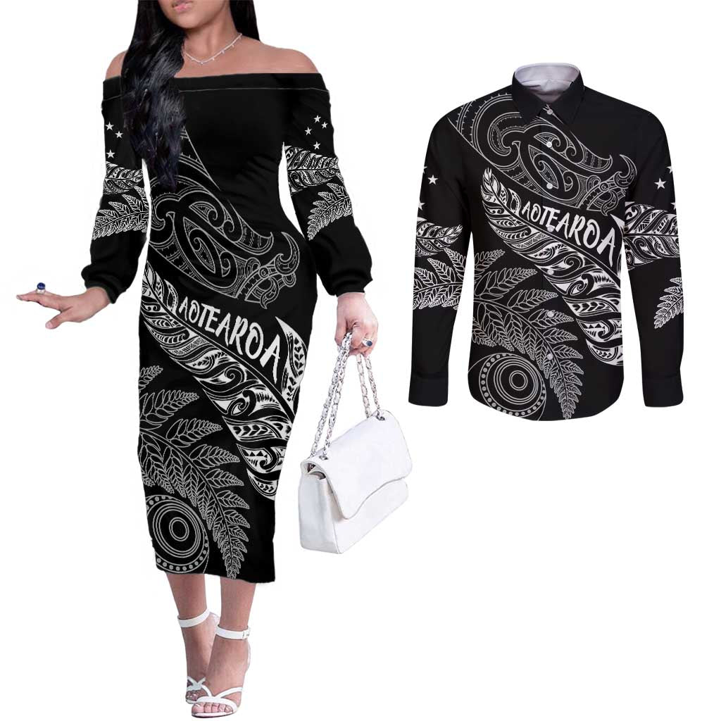 Aotearoa Personalized Lawn Bowls Maori Couples Matching Off The Shoulder Long Sleeve Dress and Long Sleeve Button Shirt New Zealand Black Tribal Silver Fern - Aussie Hoodie