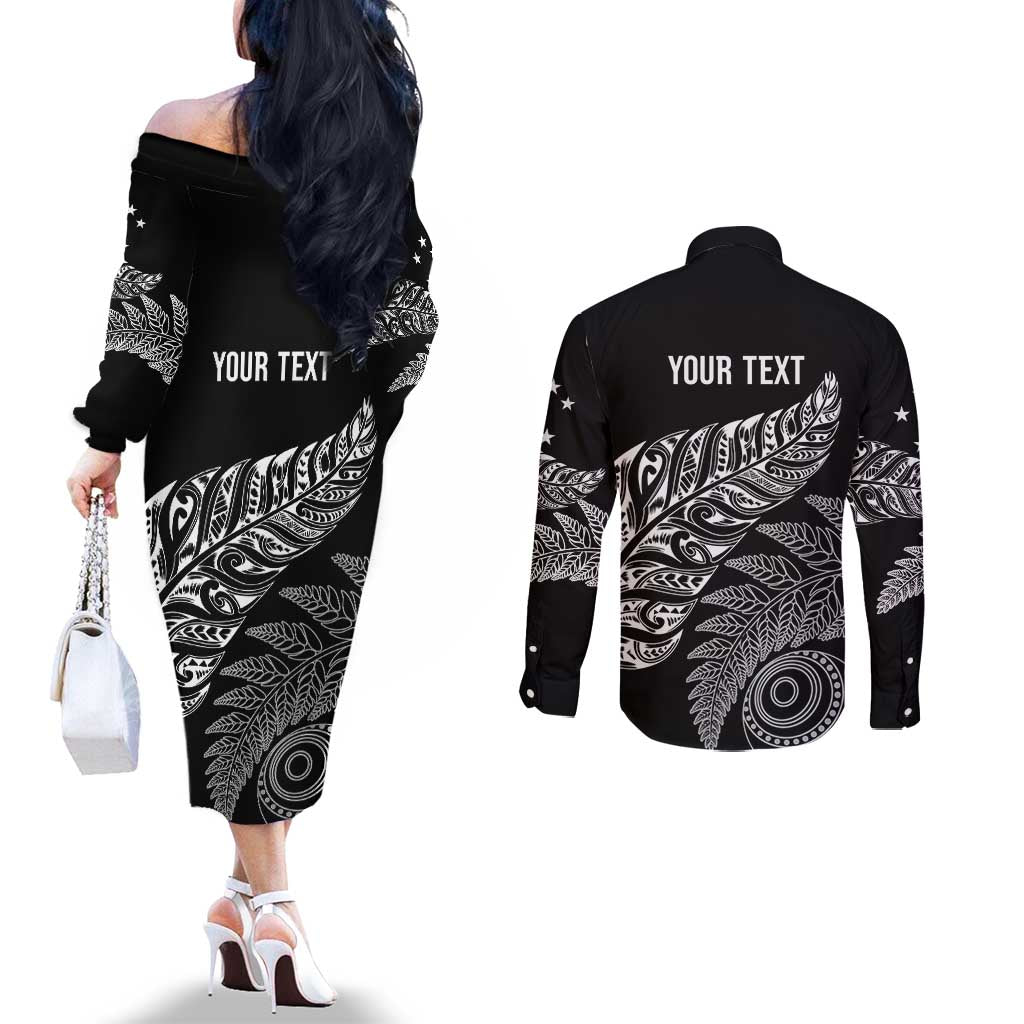 Aotearoa Personalized Lawn Bowls Maori Couples Matching Off The Shoulder Long Sleeve Dress and Long Sleeve Button Shirt New Zealand Black Tribal Silver Fern - Aussie Hoodie