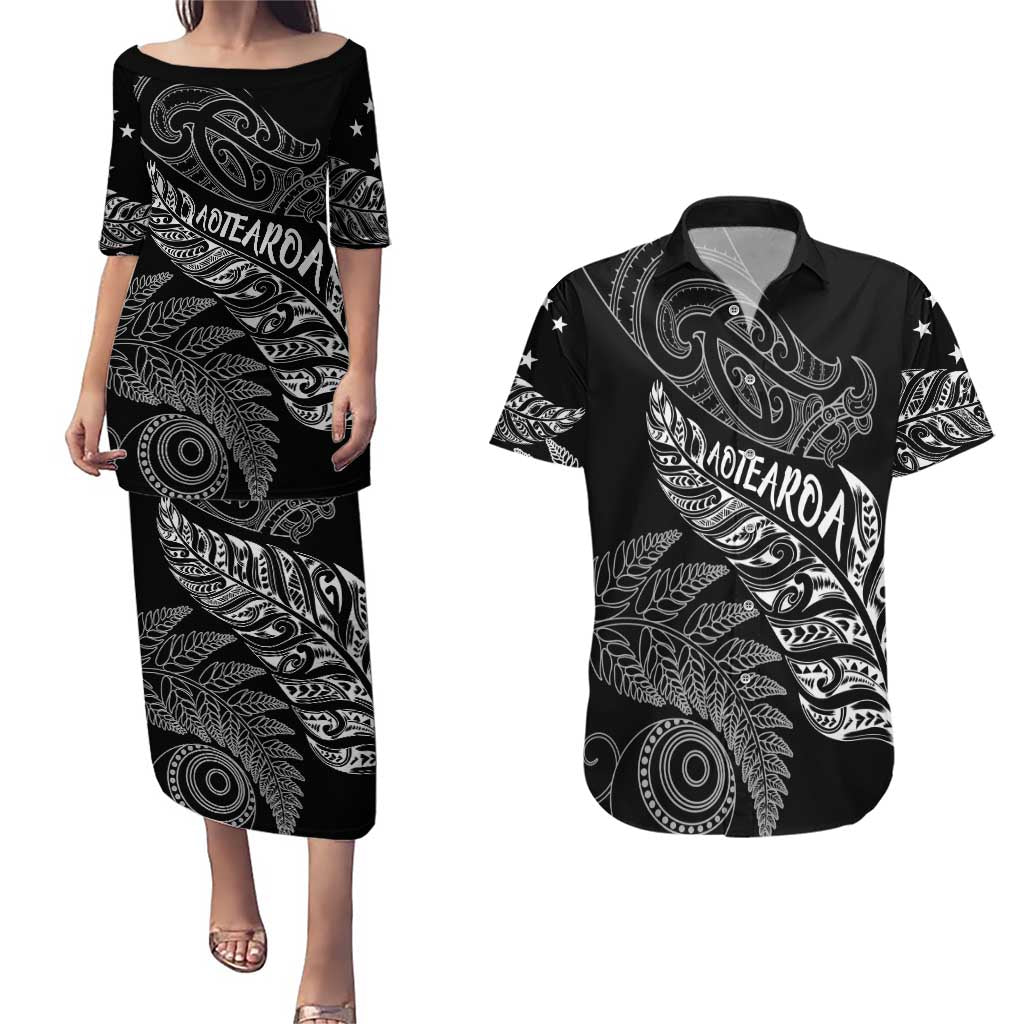 Aotearoa Personalized Lawn Bowls Maori Couples Matching Puletasi and Hawaiian Shirt New Zealand Black Tribal Silver Fern - Aussie Hoodie