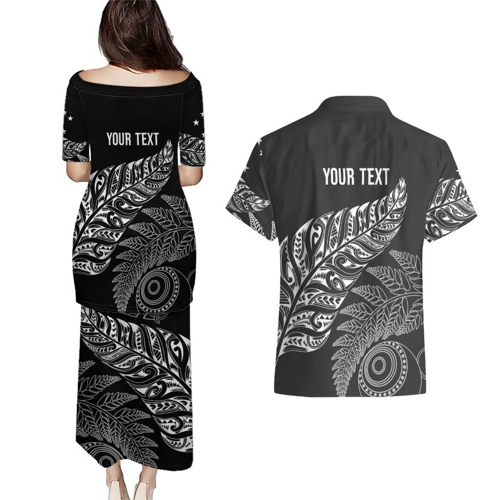 Aotearoa Personalized Lawn Bowls Maori Couples Matching Puletasi and Hawaiian Shirt New Zealand Black Tribal Silver Fern - Aussie Hoodie