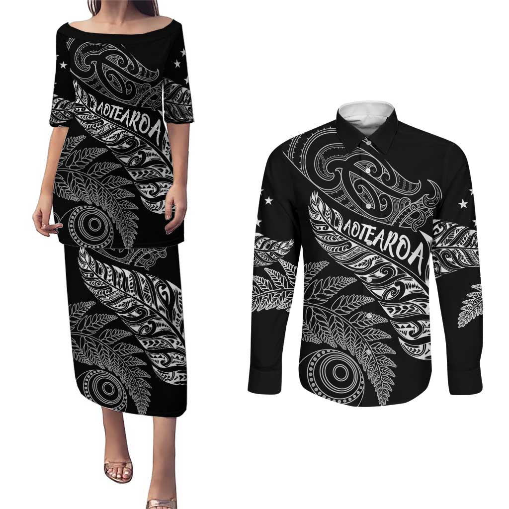 Aotearoa Personalized Lawn Bowls Maori Couples Matching Puletasi and Long Sleeve Button Shirt New Zealand Black Tribal Silver Fern - Aussie Hoodie
