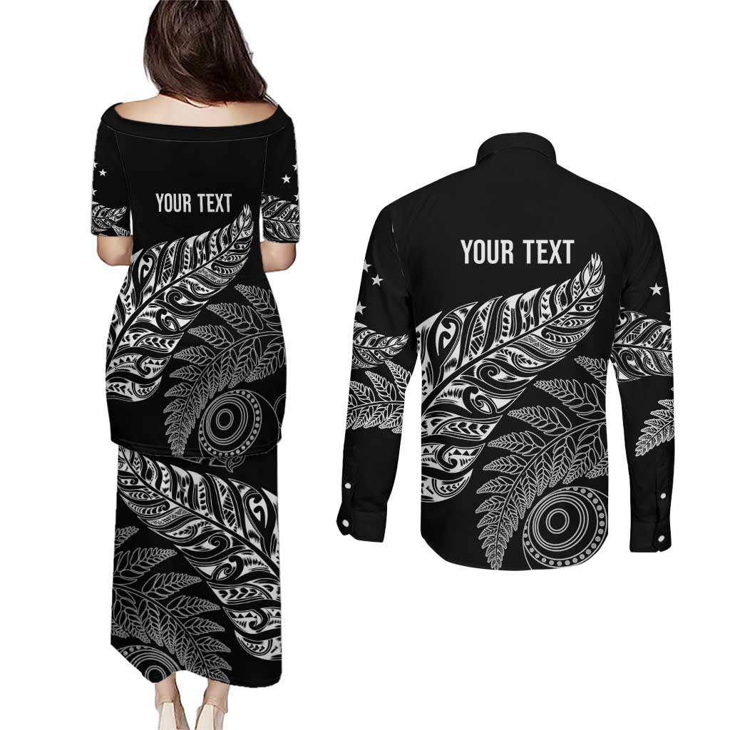 Aotearoa Personalized Lawn Bowls Maori Couples Matching Puletasi and Long Sleeve Button Shirt New Zealand Black Tribal Silver Fern - Aussie Hoodie