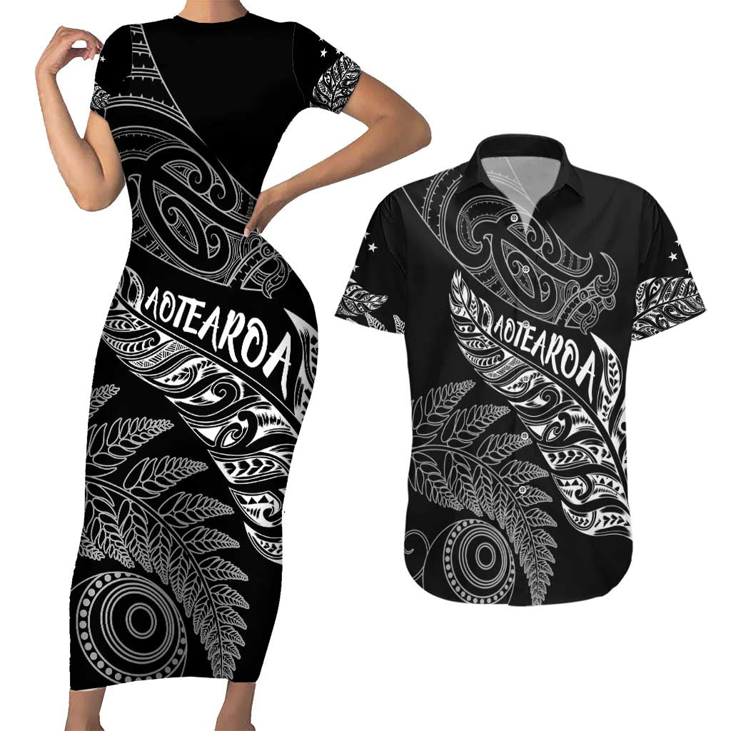 Aotearoa Personalized Lawn Bowls Maori Couples Matching Short Sleeve Bodycon Dress and Hawaiian Shirt New Zealand Black Tribal Silver Fern - Aussie Hoodie