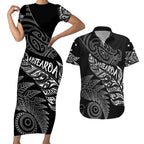 Aotearoa Personalized Lawn Bowls Maori Couples Matching Short Sleeve Bodycon Dress and Hawaiian Shirt New Zealand Black Tribal Silver Fern - Aussie Hoodie