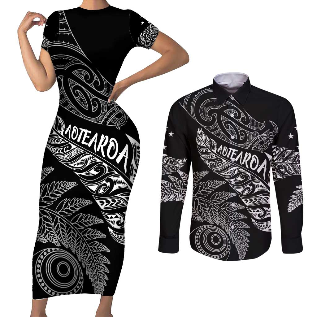 Aotearoa Personalized Lawn Bowls Maori Couples Matching Short Sleeve Bodycon Dress and Long Sleeve Button Shirt New Zealand Black Tribal Silver Fern - Aussie Hoodie
