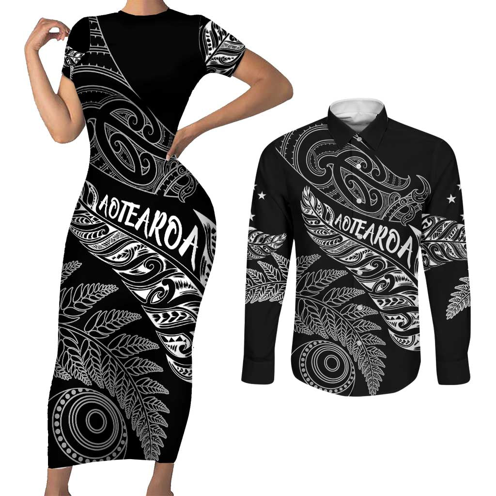 Aotearoa Personalized Lawn Bowls Maori Couples Matching Short Sleeve Bodycon Dress and Long Sleeve Button Shirt New Zealand Black Tribal Silver Fern - Aussie Hoodie