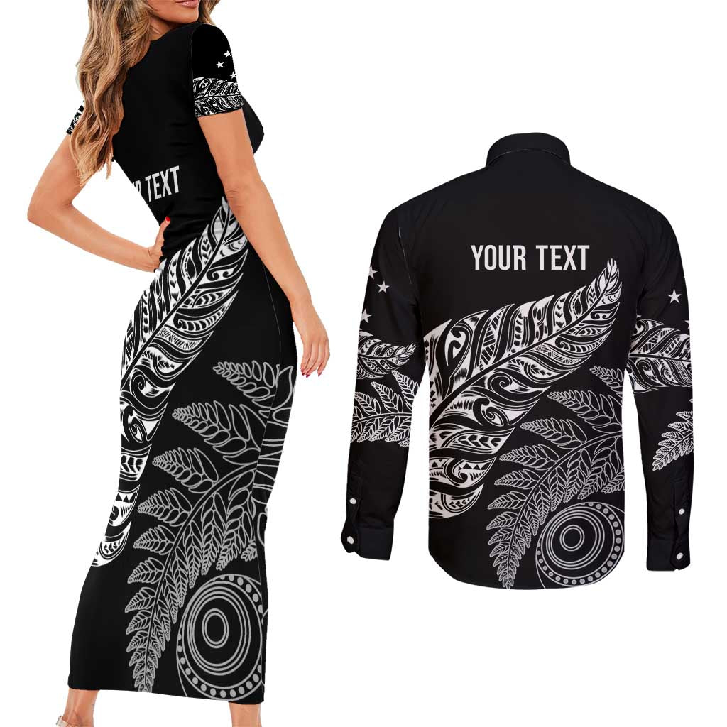 Aotearoa Personalized Lawn Bowls Maori Couples Matching Short Sleeve Bodycon Dress and Long Sleeve Button Shirt New Zealand Black Tribal Silver Fern - Aussie Hoodie