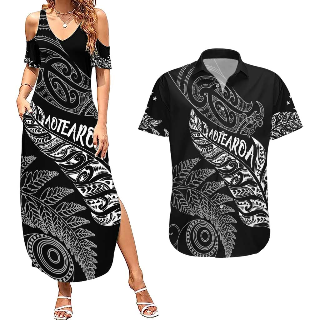 Aotearoa Personalized Lawn Bowls Maori Couples Matching Summer Maxi Dress and Hawaiian Shirt New Zealand Black Tribal Silver Fern - Aussie Hoodie