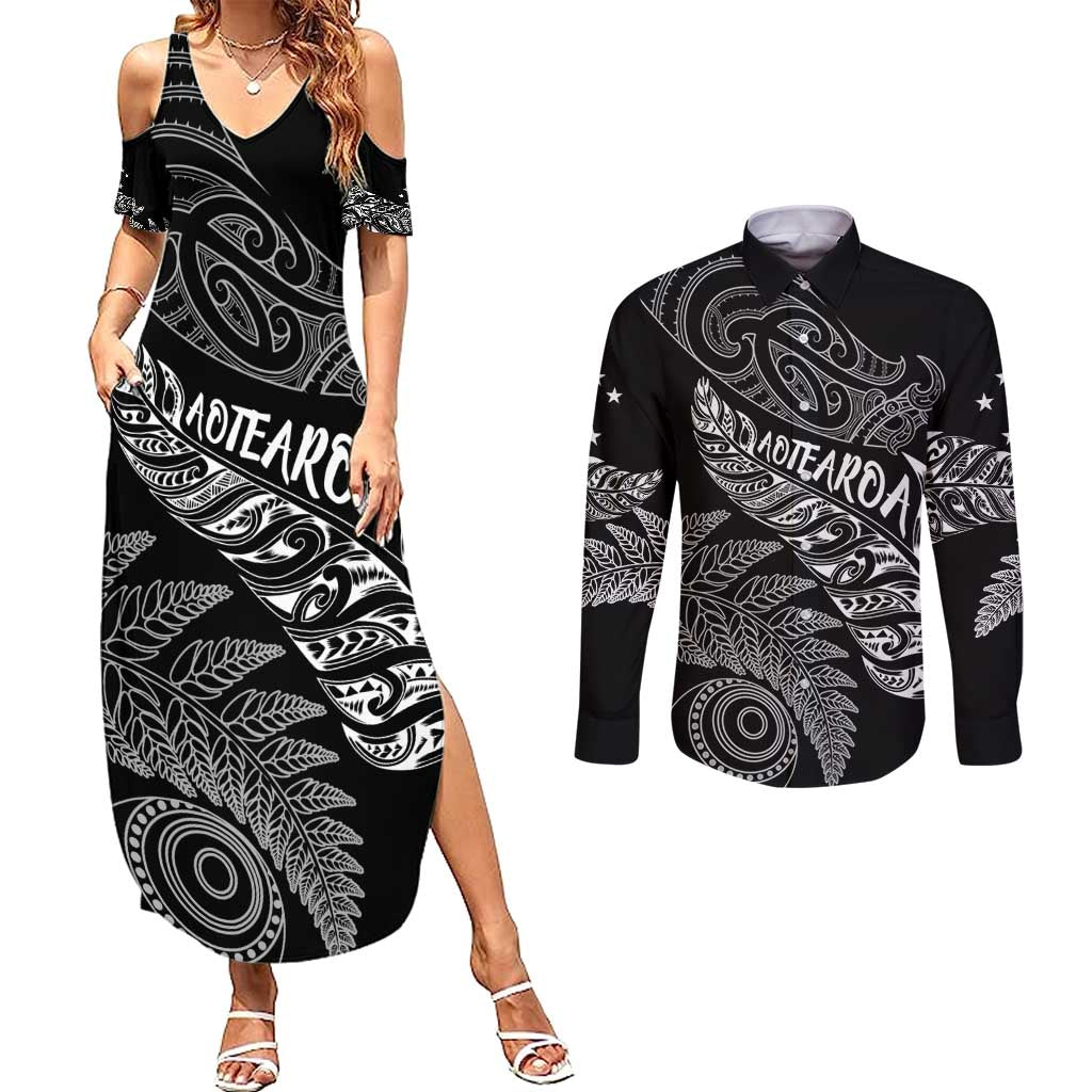 Aotearoa Personalized Lawn Bowls Maori Couples Matching Summer Maxi Dress and Long Sleeve Button Shirt New Zealand Black Tribal Silver Fern - Aussie Hoodie