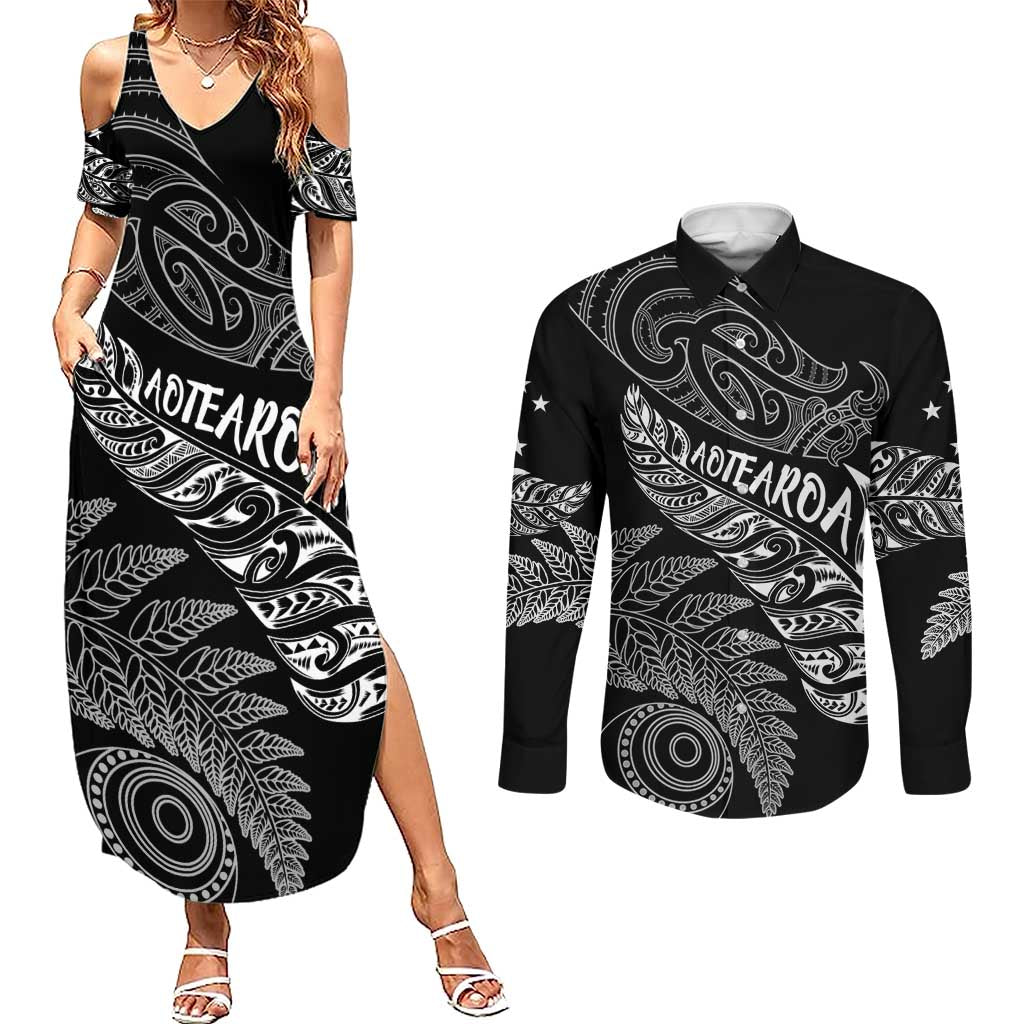 Aotearoa Personalized Lawn Bowls Maori Couples Matching Summer Maxi Dress and Long Sleeve Button Shirt New Zealand Black Tribal Silver Fern - Aussie Hoodie