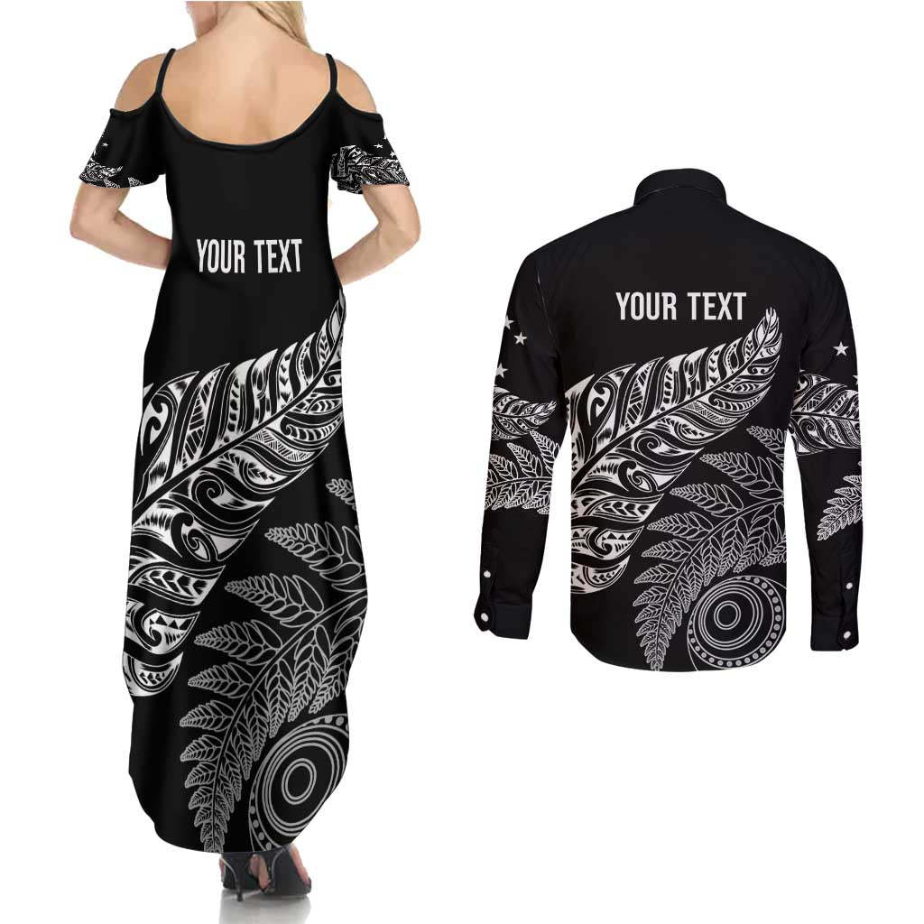 Aotearoa Personalized Lawn Bowls Maori Couples Matching Summer Maxi Dress and Long Sleeve Button Shirt New Zealand Black Tribal Silver Fern - Aussie Hoodie