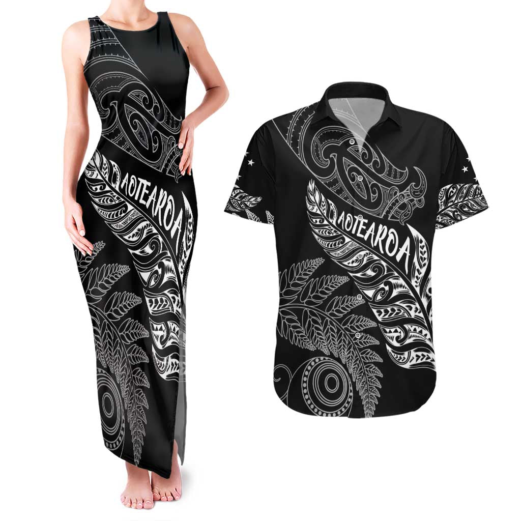 Aotearoa Personalized Lawn Bowls Maori Couples Matching Tank Maxi Dress and Hawaiian Shirt New Zealand Black Tribal Silver Fern - Aussie Hoodie