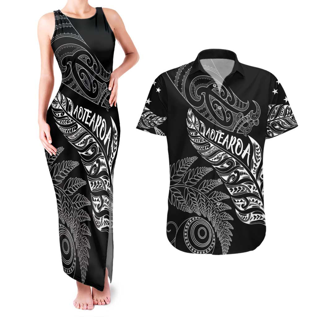 Aotearoa Personalized Lawn Bowls Maori Couples Matching Tank Maxi Dress and Hawaiian Shirt New Zealand Black Tribal Silver Fern - Aussie Hoodie